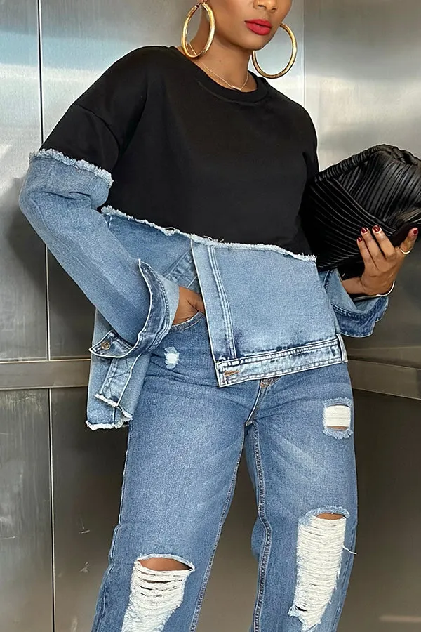 Chic Irregular Hem Denim Patchwork Sweatshirt for Trendy Style