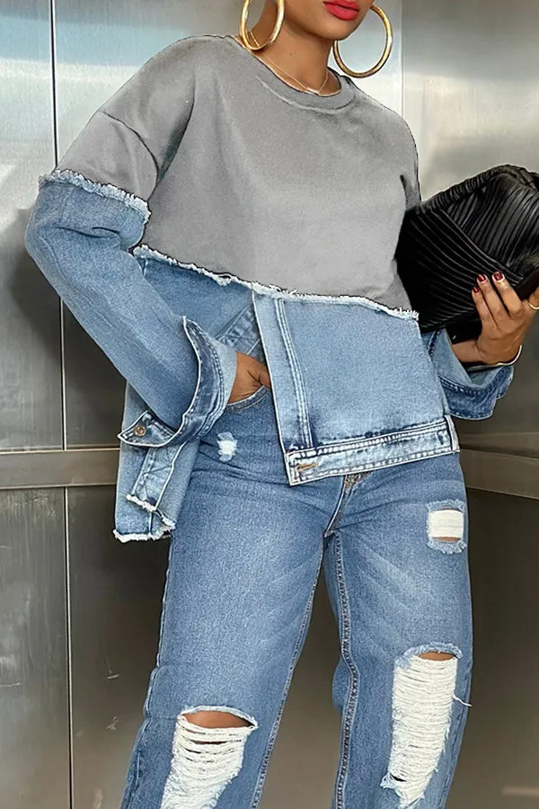 Chic Irregular Hem Denim Patchwork Sweatshirt for Trendy Style