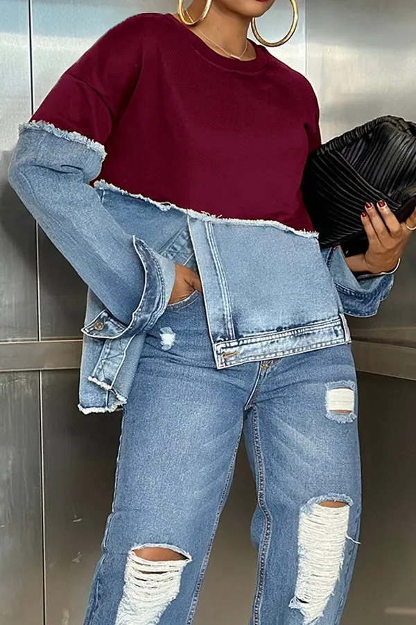 Chic Irregular Hem Denim Patchwork Sweatshirt for Trendy Style