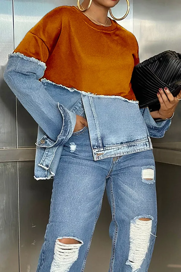 Chic Irregular Hem Denim Patchwork Sweatshirt for Trendy Style