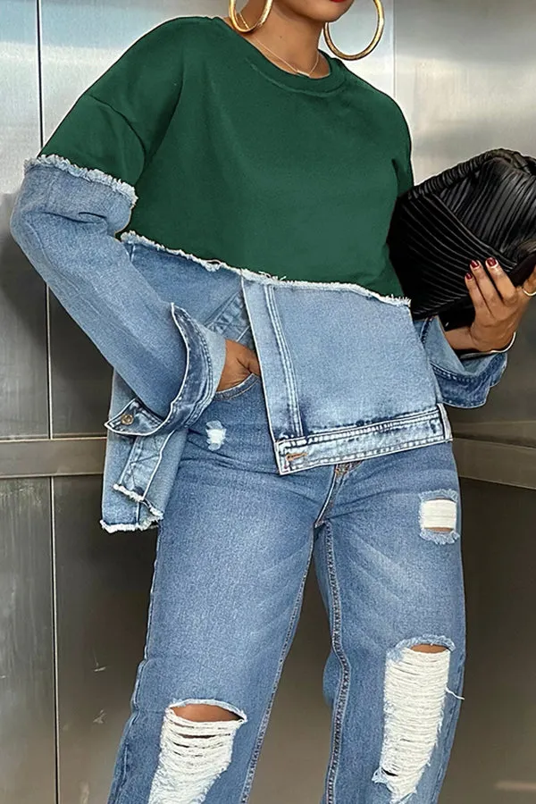 Chic Irregular Hem Denim Patchwork Sweatshirt for Trendy Style