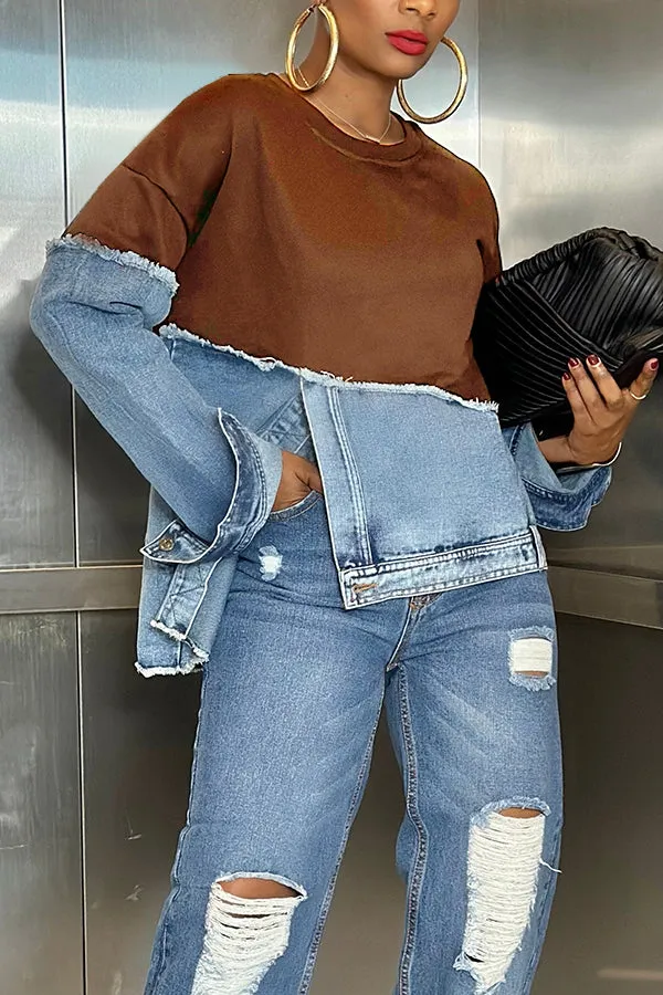 Chic Irregular Hem Denim Patchwork Sweatshirt for Trendy Style