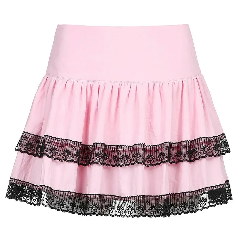 Vintage Academy Lace New Stitched Pink Double Style Gothic Skirt