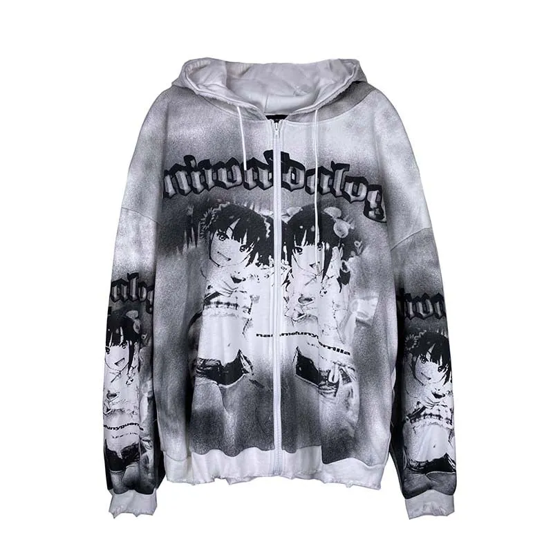 Vintage Cartoon Printed Hoodie Zip Sweatshirts Harajuku Hip Hop Streetwear Hoodies Casual Loose Sweatshirt WB573