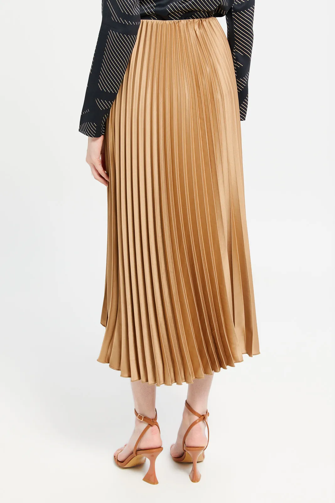 Women Beige Satin Pleated Skirt