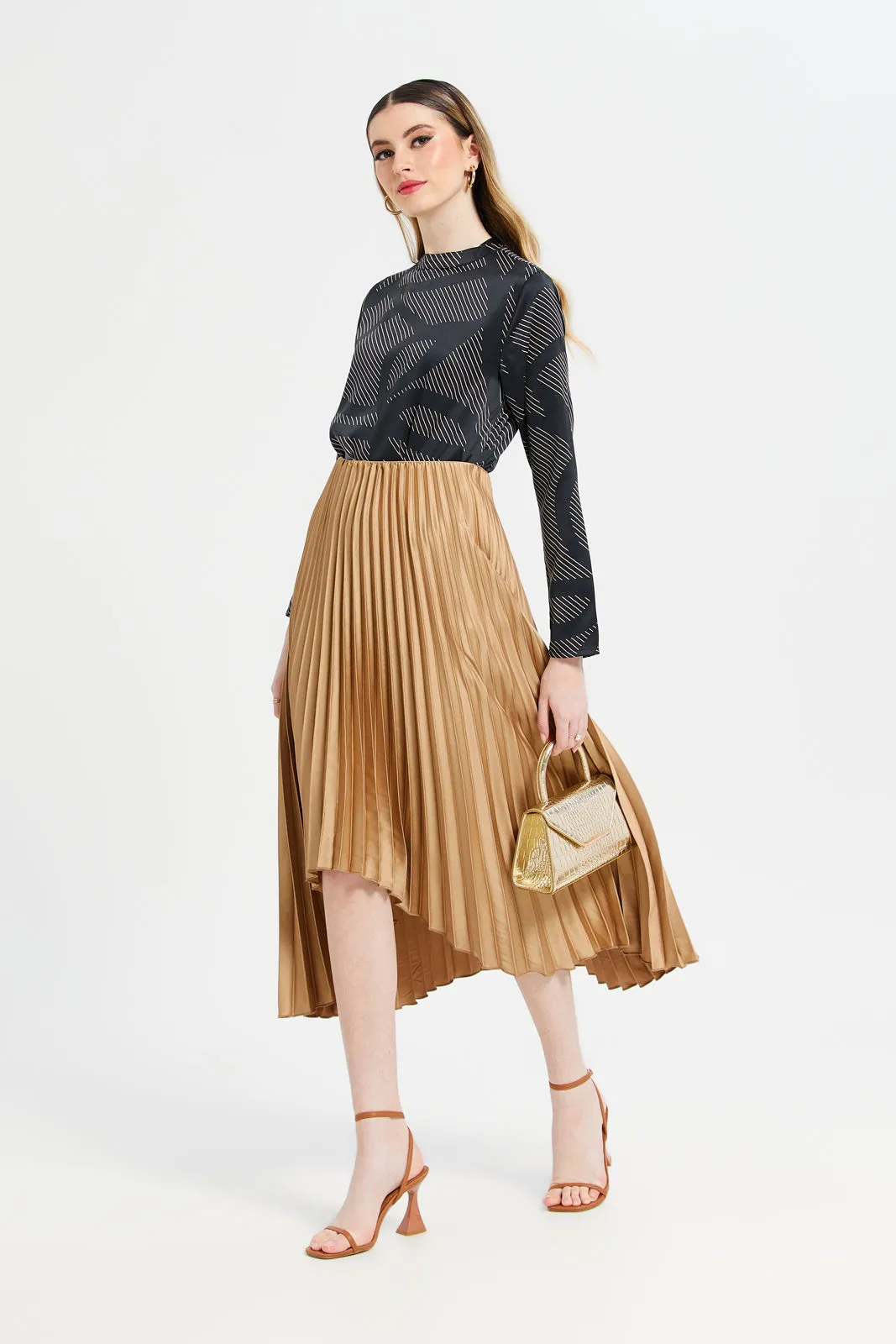 Women Beige Satin Pleated Skirt