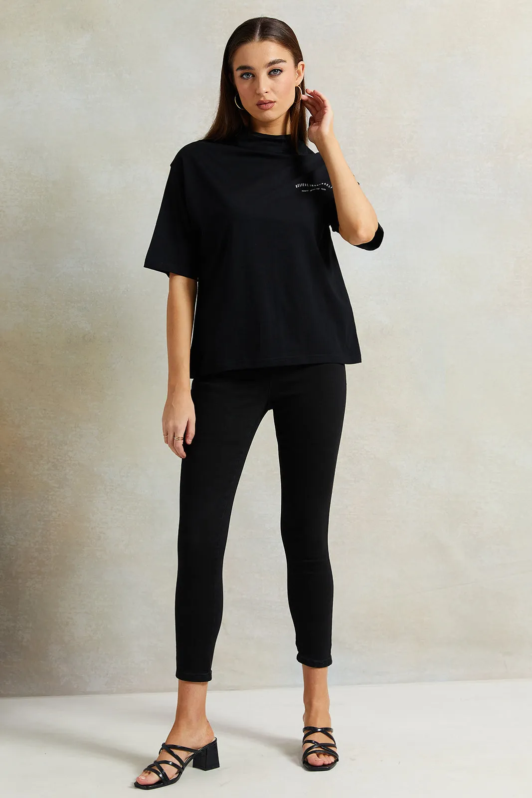 Women Black High-Neck Boxy T-Shirt