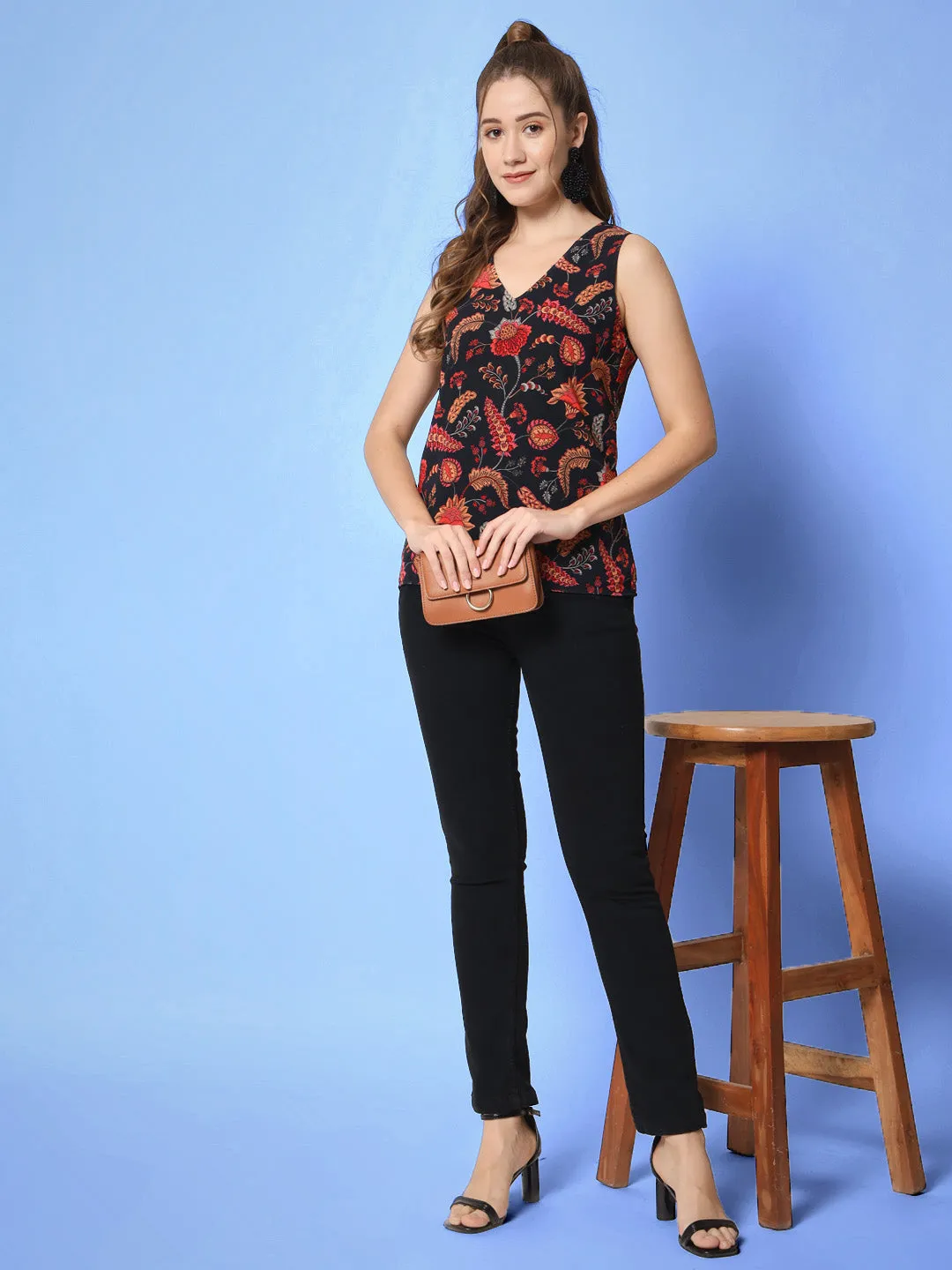 Women Floral Print Georgette Black Top