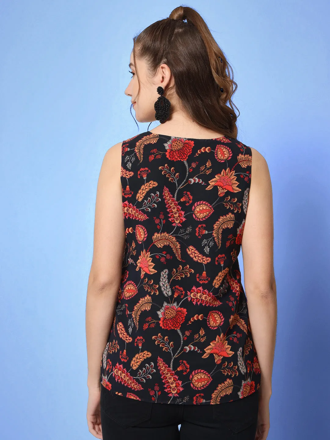 Women Floral Print Georgette Black Top