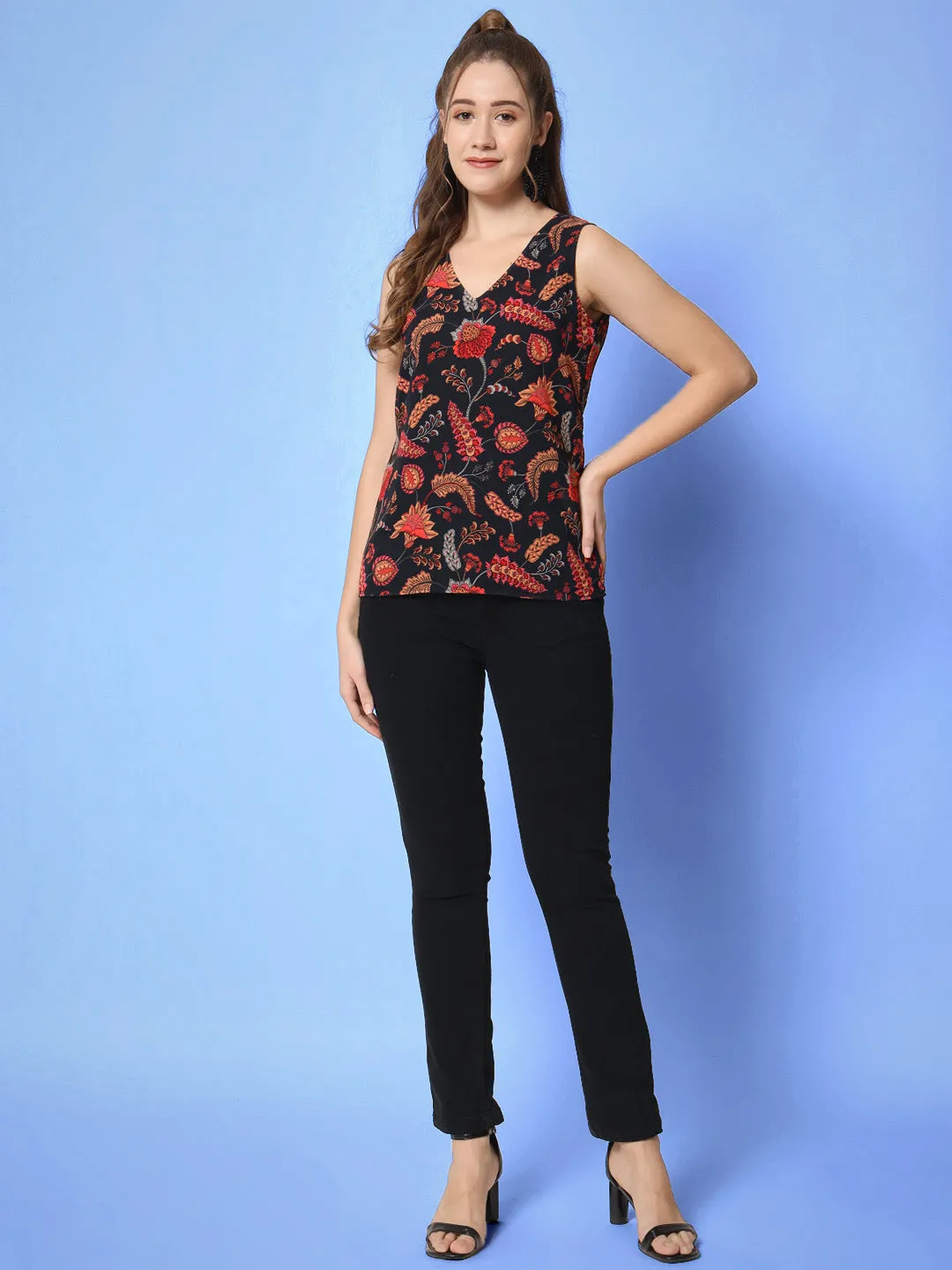 Women Floral Print Georgette Black Top