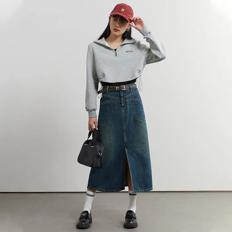 Women's Fashionable High Waist A-Line Denim Skirt with Front Slit