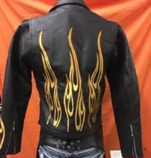 Women's Leather Jacket with Flame Embroidery on Sleeves and Back