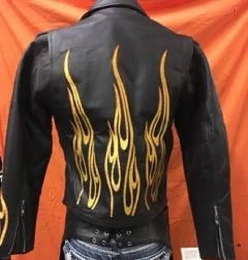 Women's Leather Jacket with Flame Embroidery on Sleeves and Back